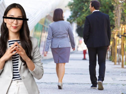 Portrait of gorgeous caucasian woman in stylish elegant clothes and make up looking away with crossed arms against kissing couple in the street. Cheating concept. Third wheel.